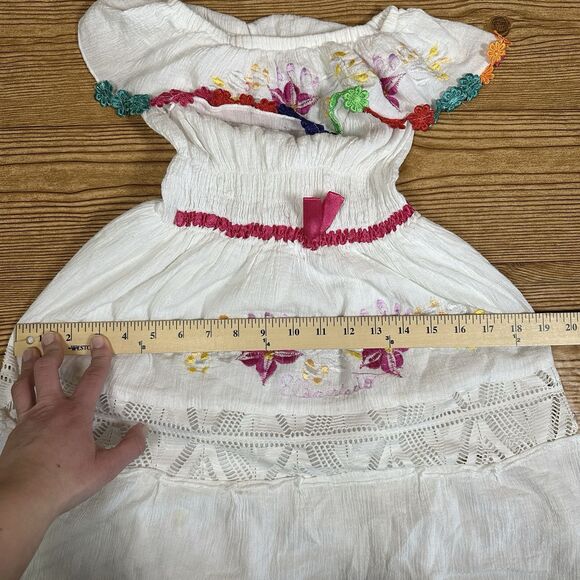 Embroidered Mexican Dress Girls White Flower Patterns 24” Length - Picture 8 of 16